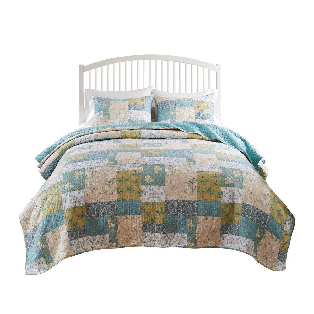 Evane 3pc King Quilt Set, Shams, Soft Floral Mist Blue and White Cotton By Casagear Home