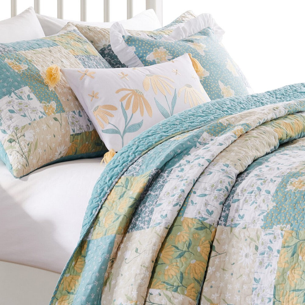 Evane 3pc King Quilt Set Shams Soft Floral Mist Blue and White Cotton By Casagear Home BM319714