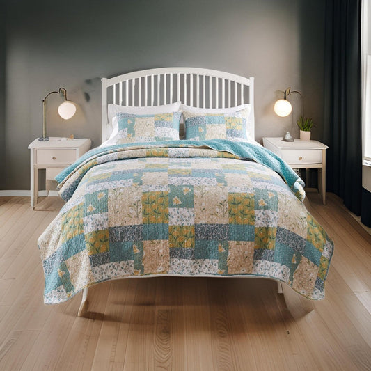 Evane 3pc King Quilt Set, Shams, Soft Floral Mist Blue and White Cotton By Casagear Home