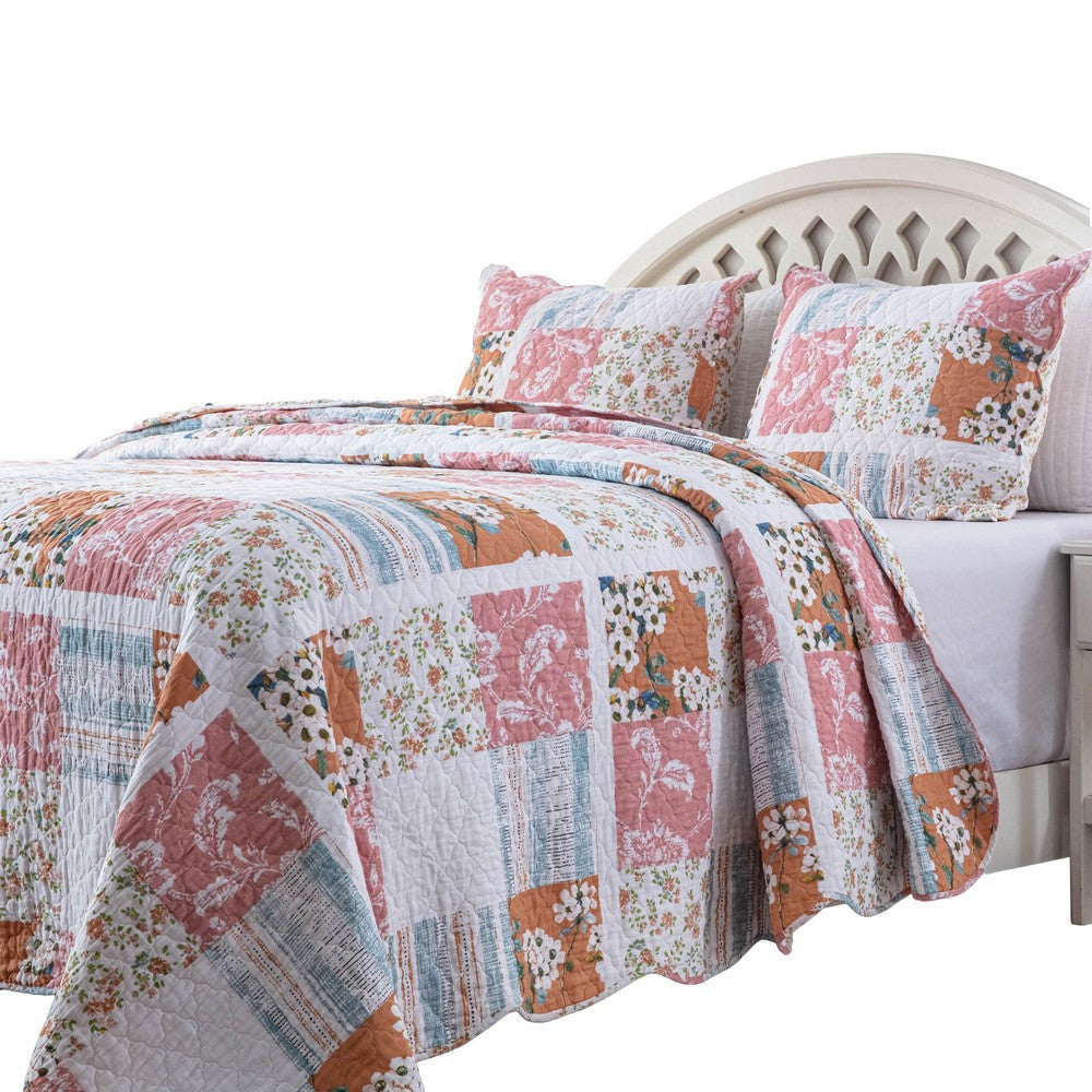 Vanie 3pc Full/Queen Quilt Set Scalloped Edges Blue White Pink Cotton By Casagear Home BM319715