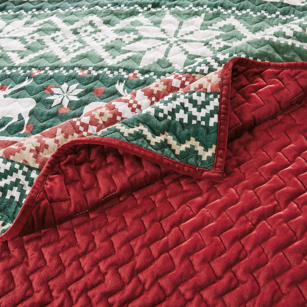 Reindeer 3pc Full/Queen Quilt Set Dutch Velvet Back Red Green Christmas By Casagear Home BM319717