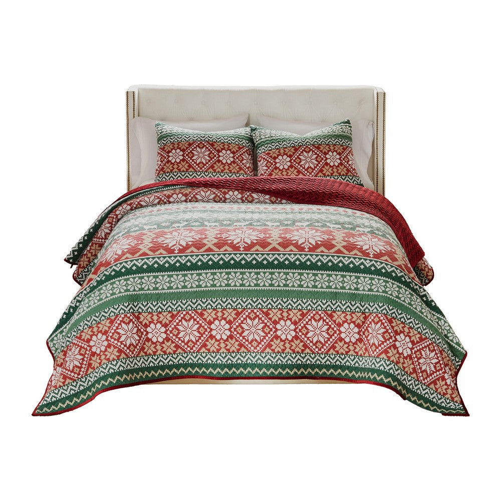 Reindeer 3pc King Size Quilt Set, Dutch Velvet Back, Red, Green Christmas By Casagear Home