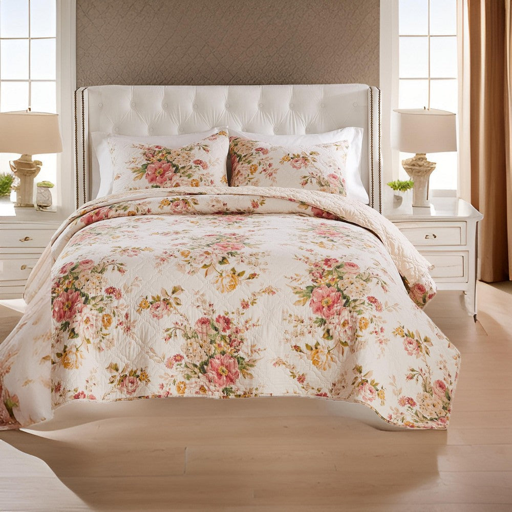 Givi 2pc XL Twin Quilt Set with Floral Pattern, Beige Buttercup Cotton By Casagear Home