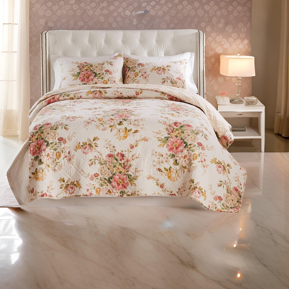 Givi 3pc Full/Queen Quilt Set, Floral Pattern, Beige Buttercup Cotton By Casagear Home