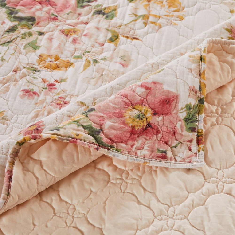 Givi 3pc King Quilt Set Shams Red and Floral Beige Buttercup Cotton By Casagear Home BM319722