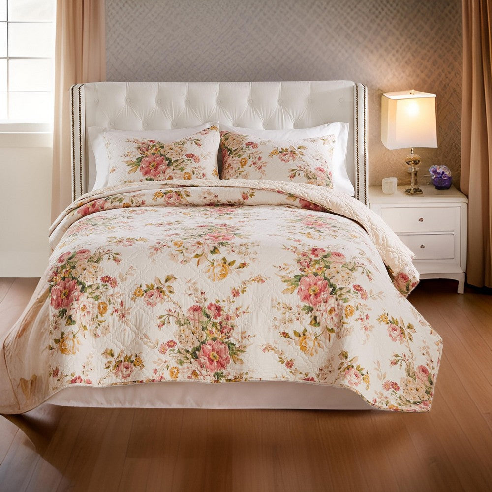Givi 3pc King Quilt Set, Shams, Red and Floral Beige Buttercup Cotton By Casagear Home