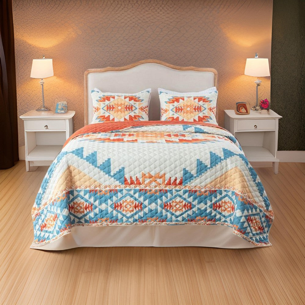 Izon 3pc King Quilt Set Diamond Tuft Turquoise Blue and Orange Geometric By Casagear Home BM319724