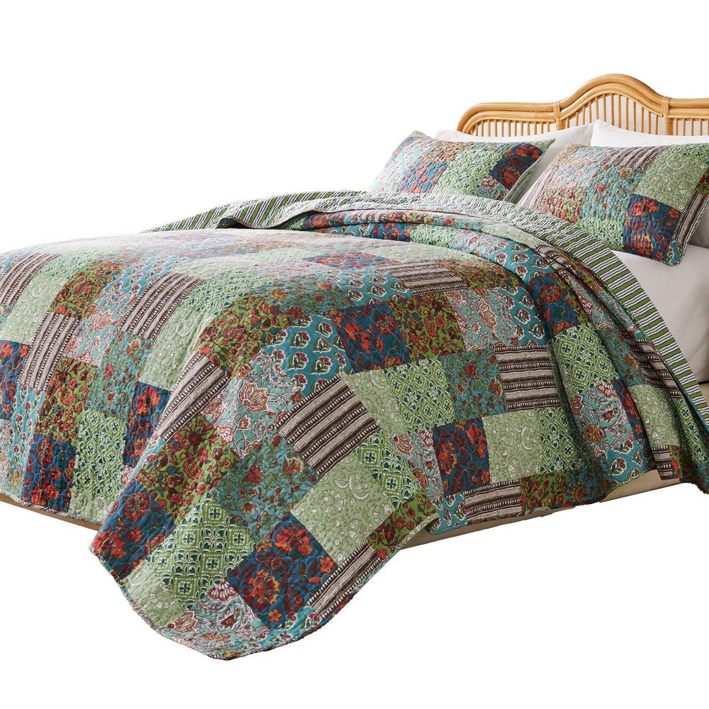 Aby 3pc Full/Queen Quilt Set Reversible Patchwork Jade Green Cotton By Casagear Home BM319725