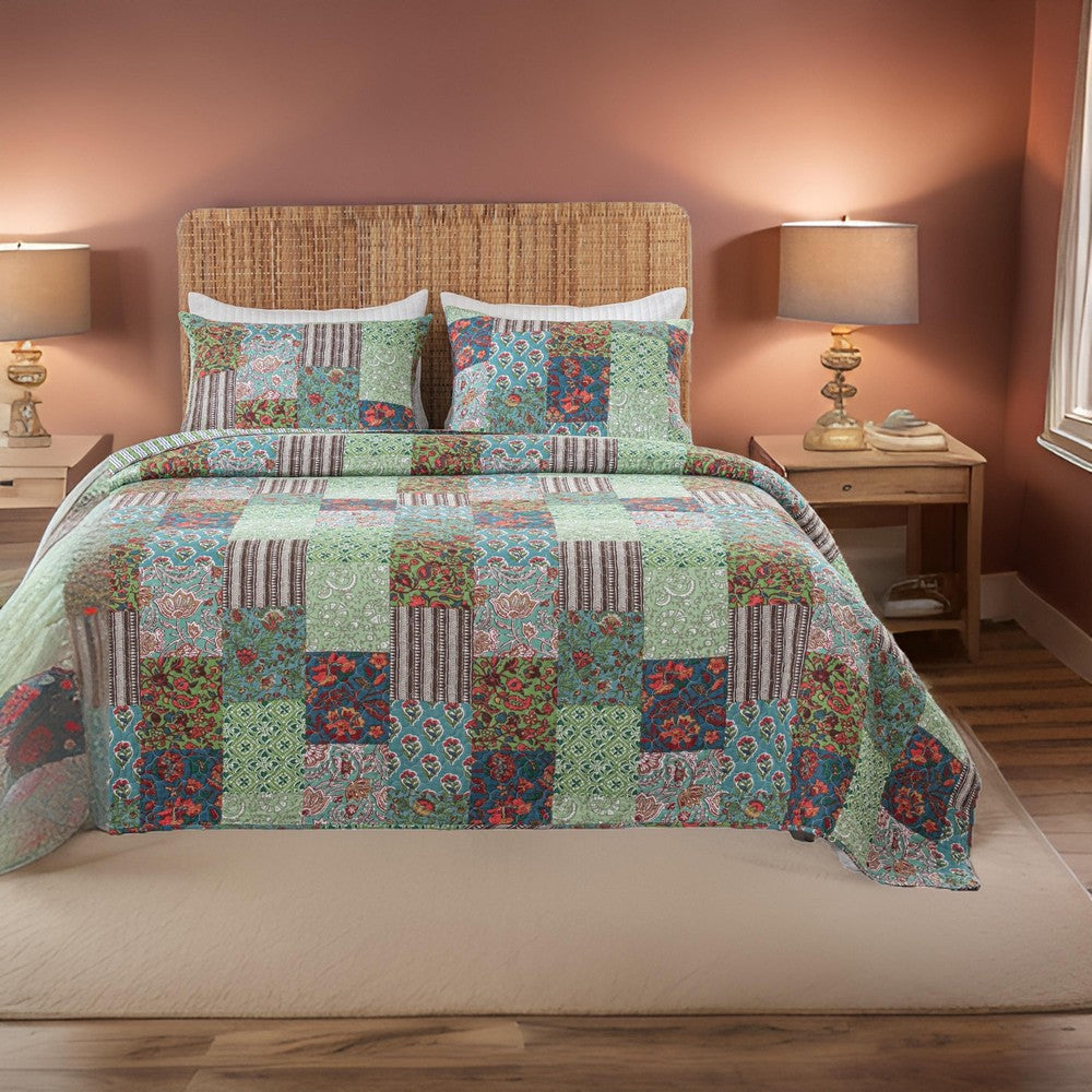 Aby 3pc King Quilt Set, Reversible Patchwork, Jade Green Cotton Microfiber By Casagear Home