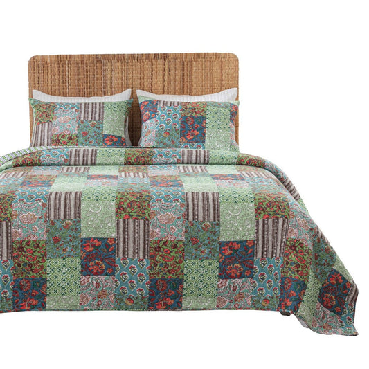 Aby 3pc King Quilt Set, Reversible Patchwork, Jade Green Cotton Microfiber By Casagear Home