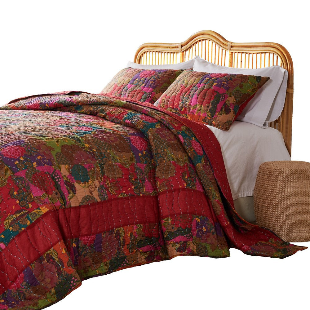 Lewi 3pc King Quilt Set Kantha Style Dark Red Floral Cotton Microfiber By Casagear Home BM319727