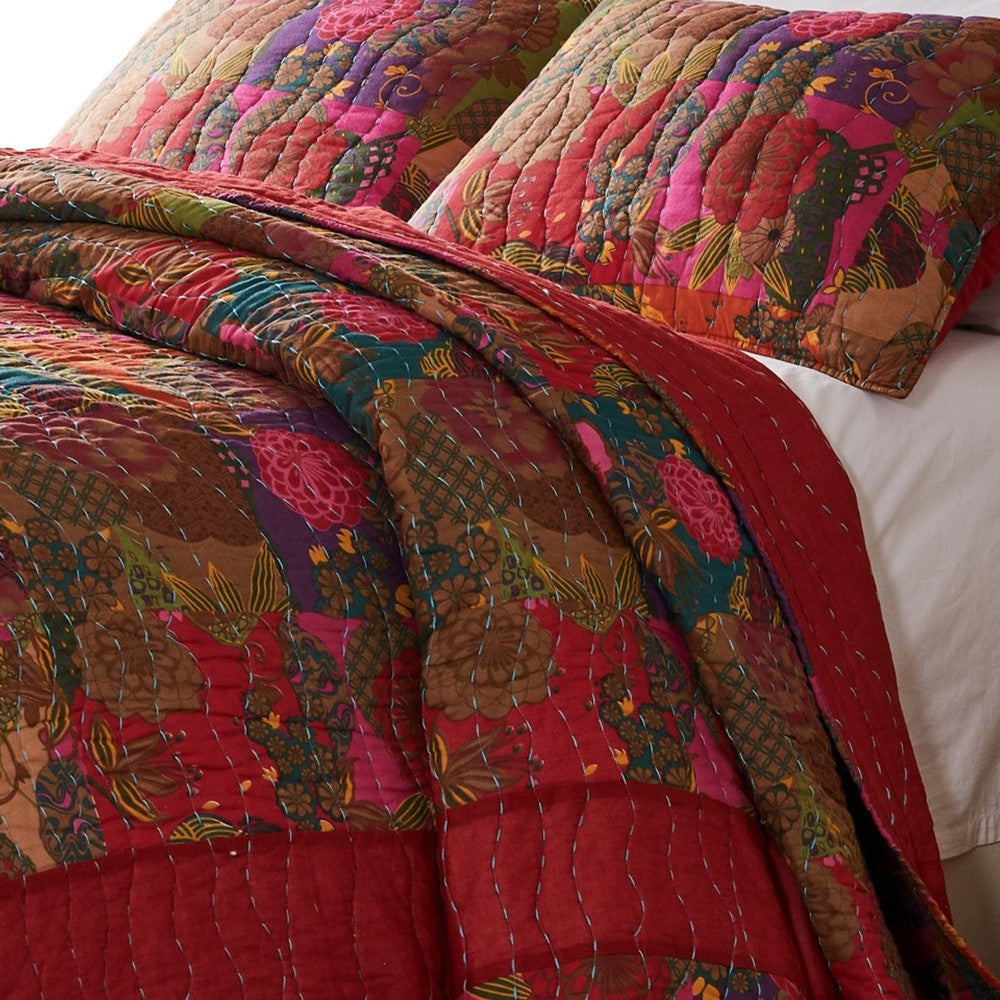 Lewi 3pc King Quilt Set Kantha Style Dark Red Floral Cotton Microfiber By Casagear Home BM319727