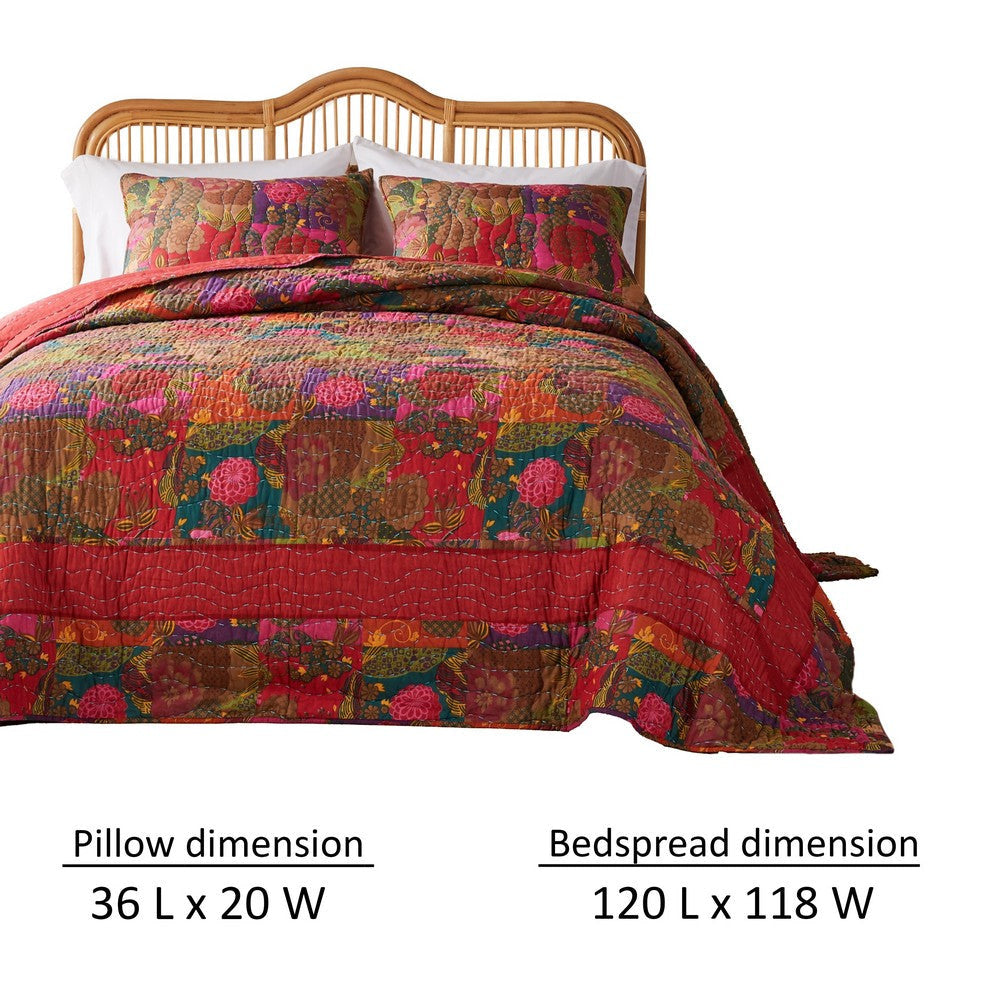 Lewi 3pc King Quilt Set Kantha Style Dark Red Floral Cotton Microfiber By Casagear Home BM319727