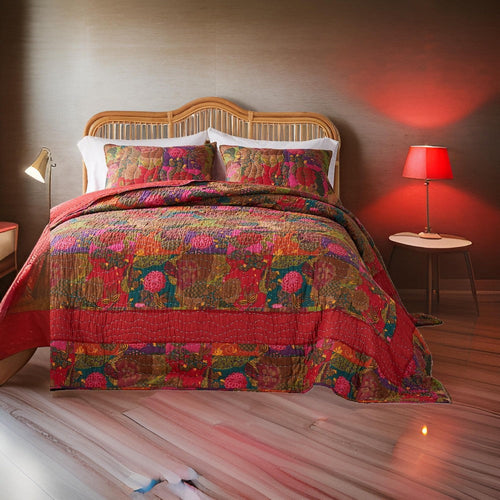Lewi 3pc King Quilt Set, Kantha Style Dark Red Floral Cotton Microfiber By Casagear Home