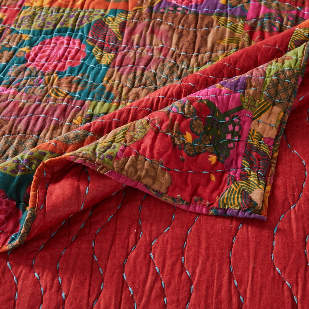 Lewi 3pc Queen Quilt Set Floral Kantha Style Dark Red Floral Cotton By Casagear Home BM319728