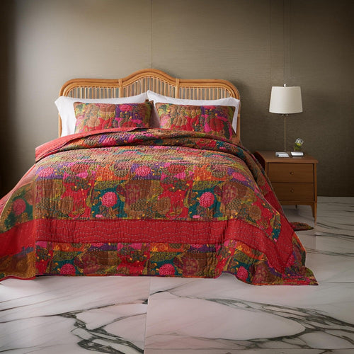 Lewi 3pc Queen Quilt Set, Floral, Kantha Style Dark Red Floral Cotton By Casagear Home