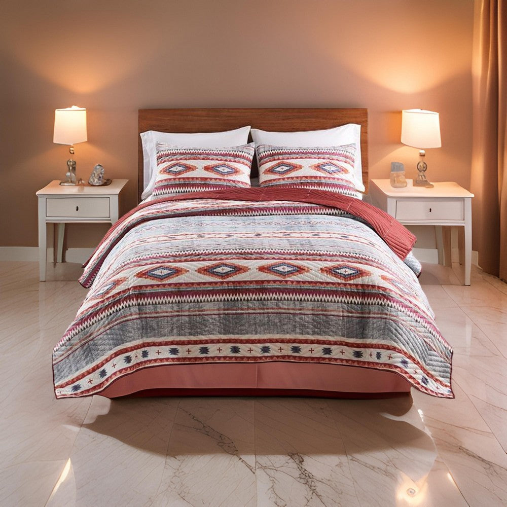 Pimi 3pc Full/Queen Quilt Set Geometric Stone Blue and Red Polyester By Casagear Home BM319729