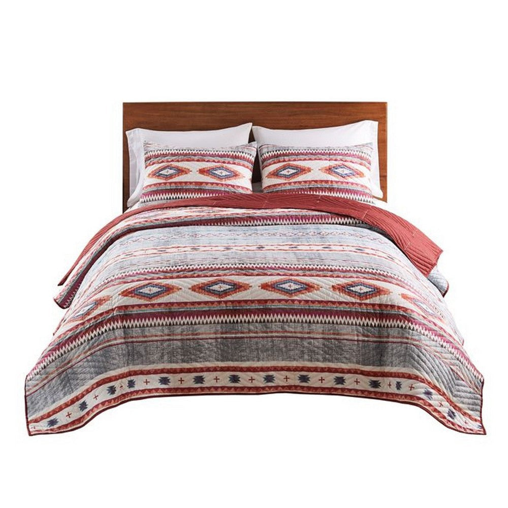 Pimi 3pc Full/Queen Quilt Set, Geometric Stone Blue and Red Polyester By Casagear Home