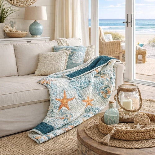 Carie Throw Blanket | Seashell Print | Blue Orange Cotton