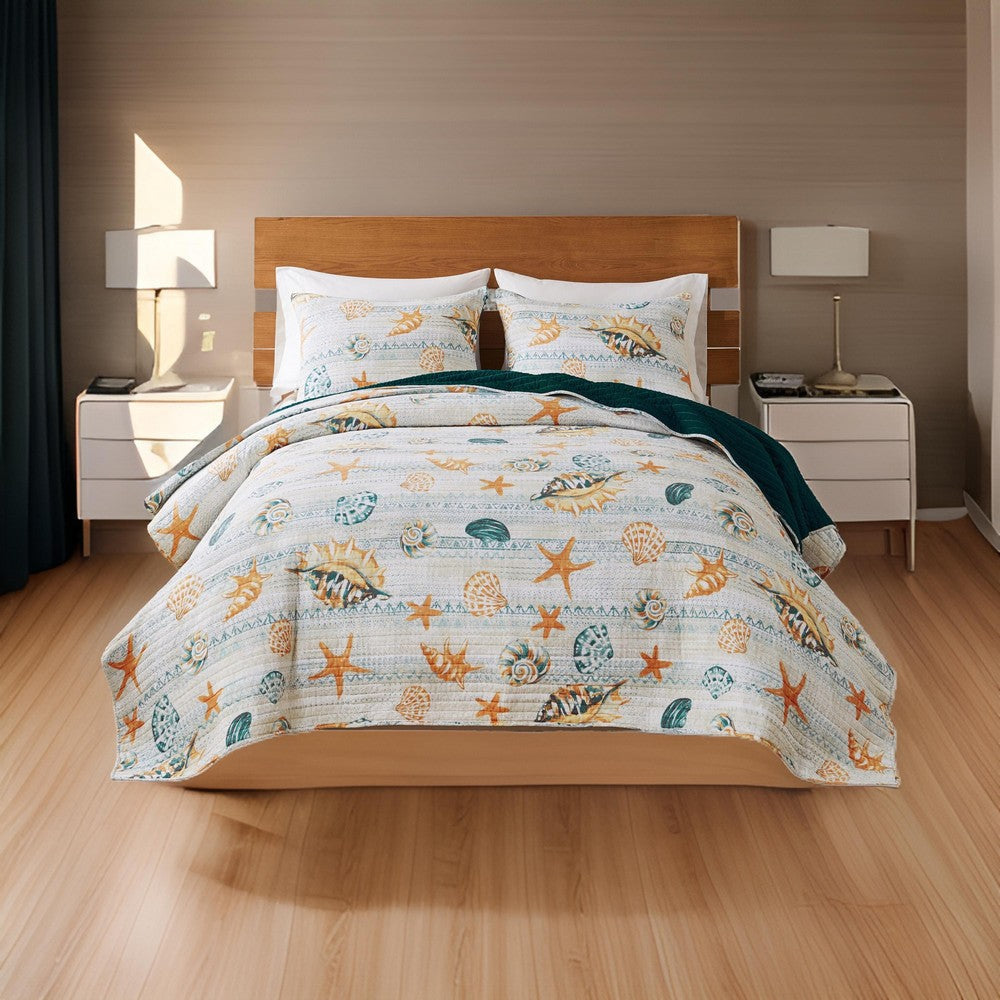 Carie 3pc Full/Queen Quilt Set, Coastal Seashells, Blue Cotton Microfiber By Casagear Home