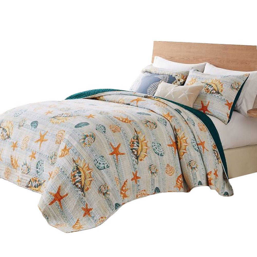 Carie 3pc King Quilt Set Coastal Seashell Print Blue Cotton Microfiber By Casagear Home BM319733