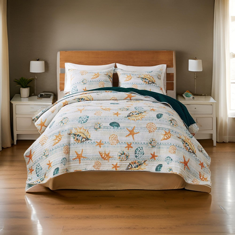 Carie 3pc King Quilt Set, Coastal Seashell Print, Blue Cotton Microfiber By Casagear Home