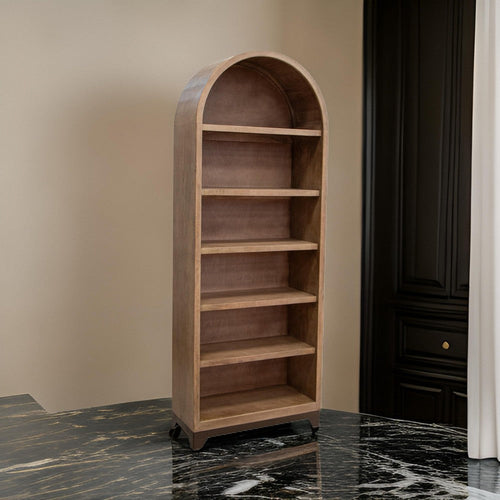Umey 79 Inch Accent Bookcase, Arch Design, 6 Shelf, Brown Solid Mango Wood By Casagear Home