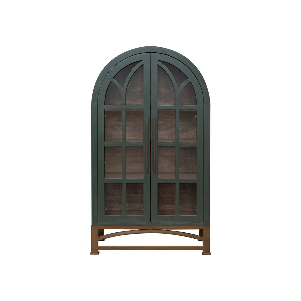 Oby 75 Inch Accent Cabinet Arched Glass Door Bronze Metal Base Green By Casagear Home BM319738