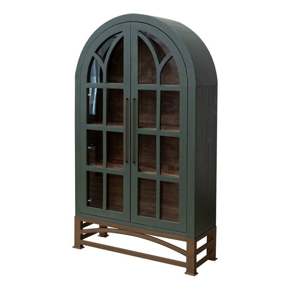 Oby 75 Inch Accent Cabinet Arched Glass Door Bronze Metal Base Green By Casagear Home BM319738