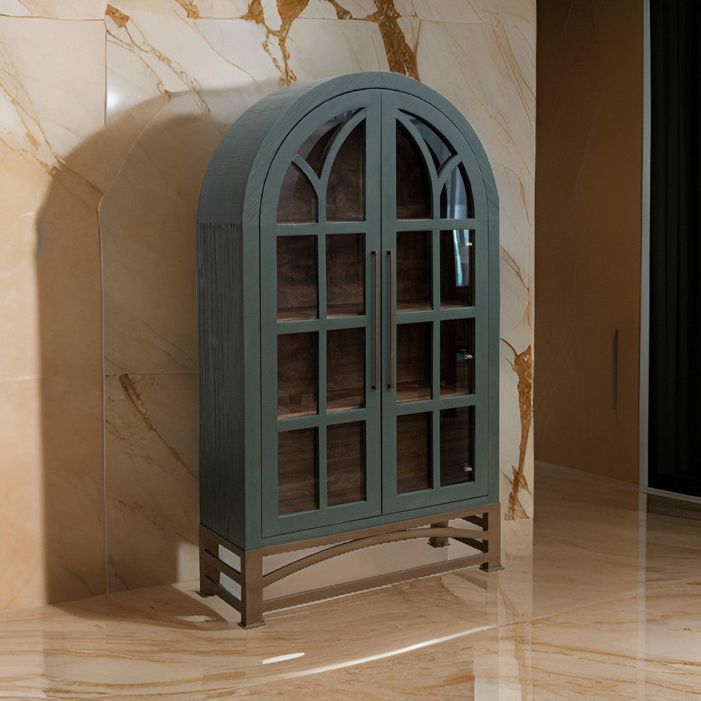 Oby 75 Inch Accent Cabinet, Arched Glass Door, Bronze Metal Base, Green By Casagear Home