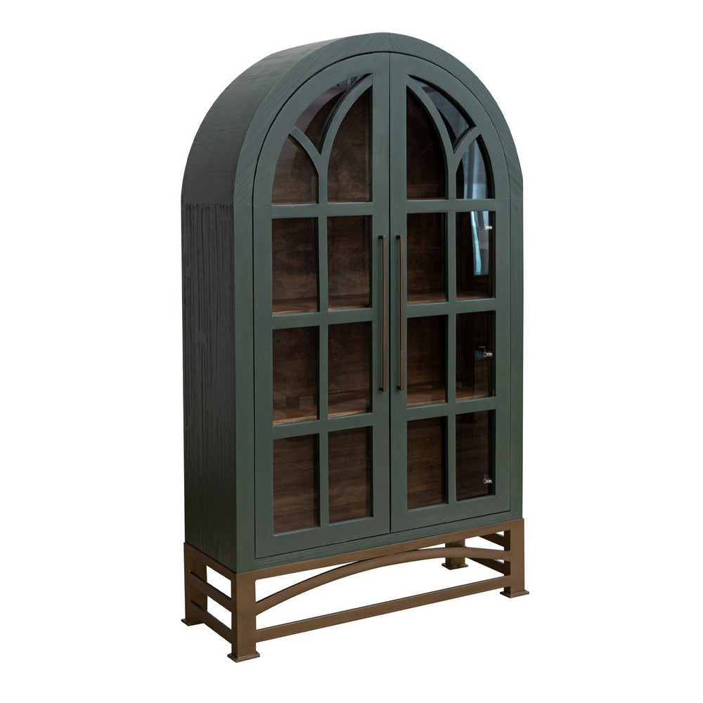 Oby 75 Inch Accent Cabinet Arched Glass Door Bronze Metal Base Green By Casagear Home BM319738