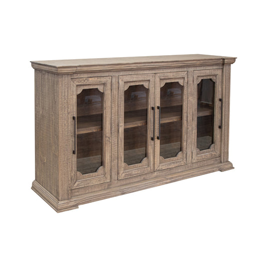 Tren 72 Inch Sideboard Buffet Console, 4 Glass Doors, Greek Inspired, Brown By Casagear Home