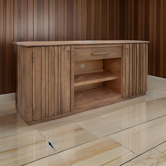 Okai 70 Inch TV Media Entertainment Console, Drawers, Brown Solid Wood By Casagear Home