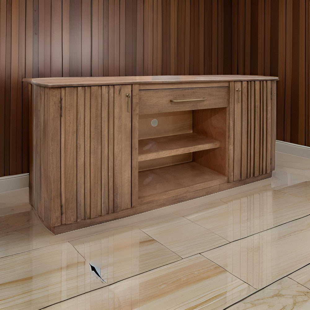 Okai 70 Inch TV Media Entertainment Console, Drawers, Brown Solid Wood By Casagear Home