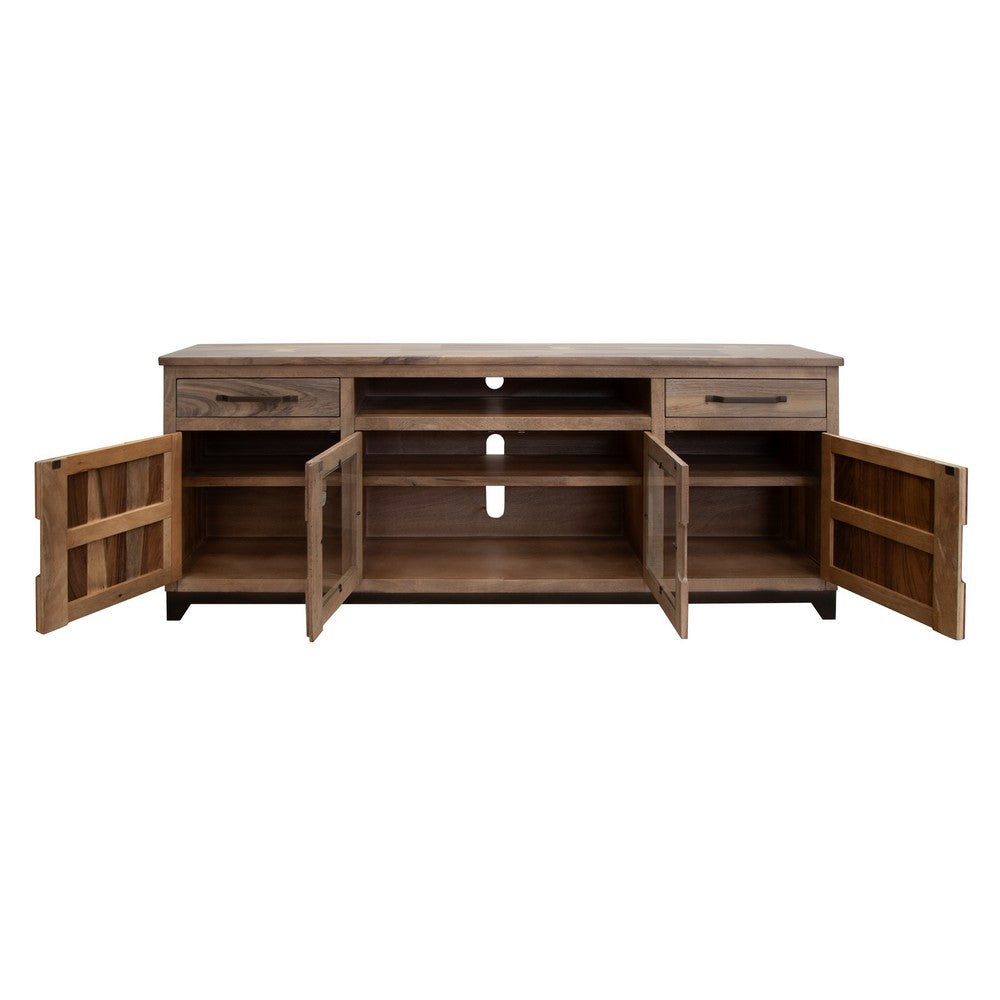 Umey 80 Inch TV Media Console Open Center Shelf 2 Doors Brown Solid Wood By Casagear Home BM319745