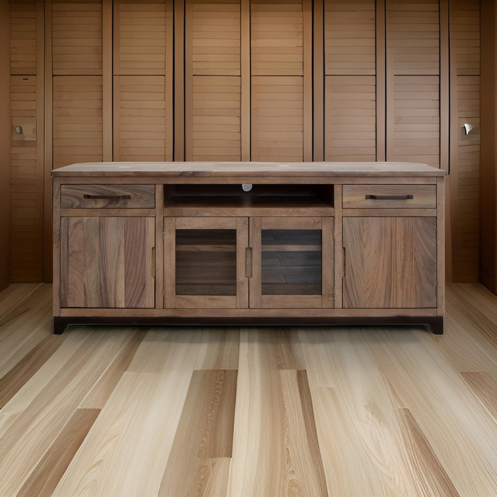 Umey 80 Inch TV Media Console, Open Center Shelf, 2 Doors, Brown Solid Wood By Casagear Home