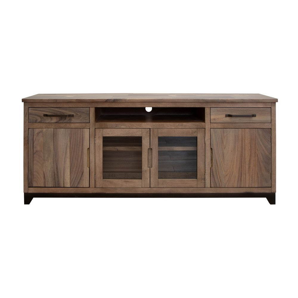 Umey 80 Inch TV Media Console Open Center Shelf 2 Doors Brown Solid Wood By Casagear Home BM319745