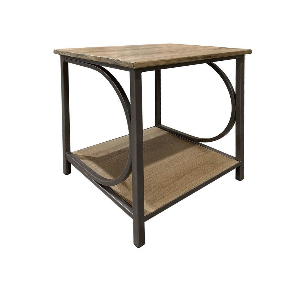 Dria Side End Table, Bottom Shelf, 23 Inch Wood Top, Brown Metal Base By Casagear Home