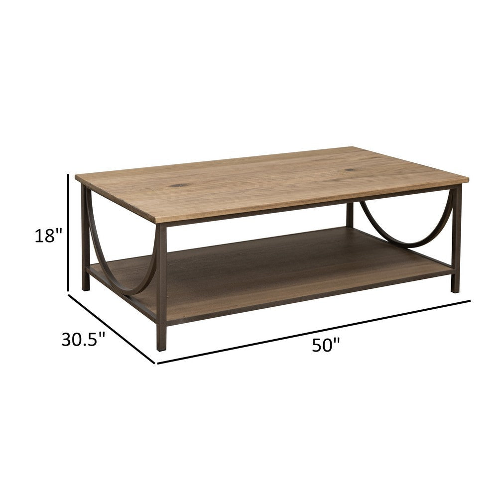 Dria Coffee Table Bottom Shelf 50 Inch Brown Solid Wood Top Arc Base By Casagear Home BM319748