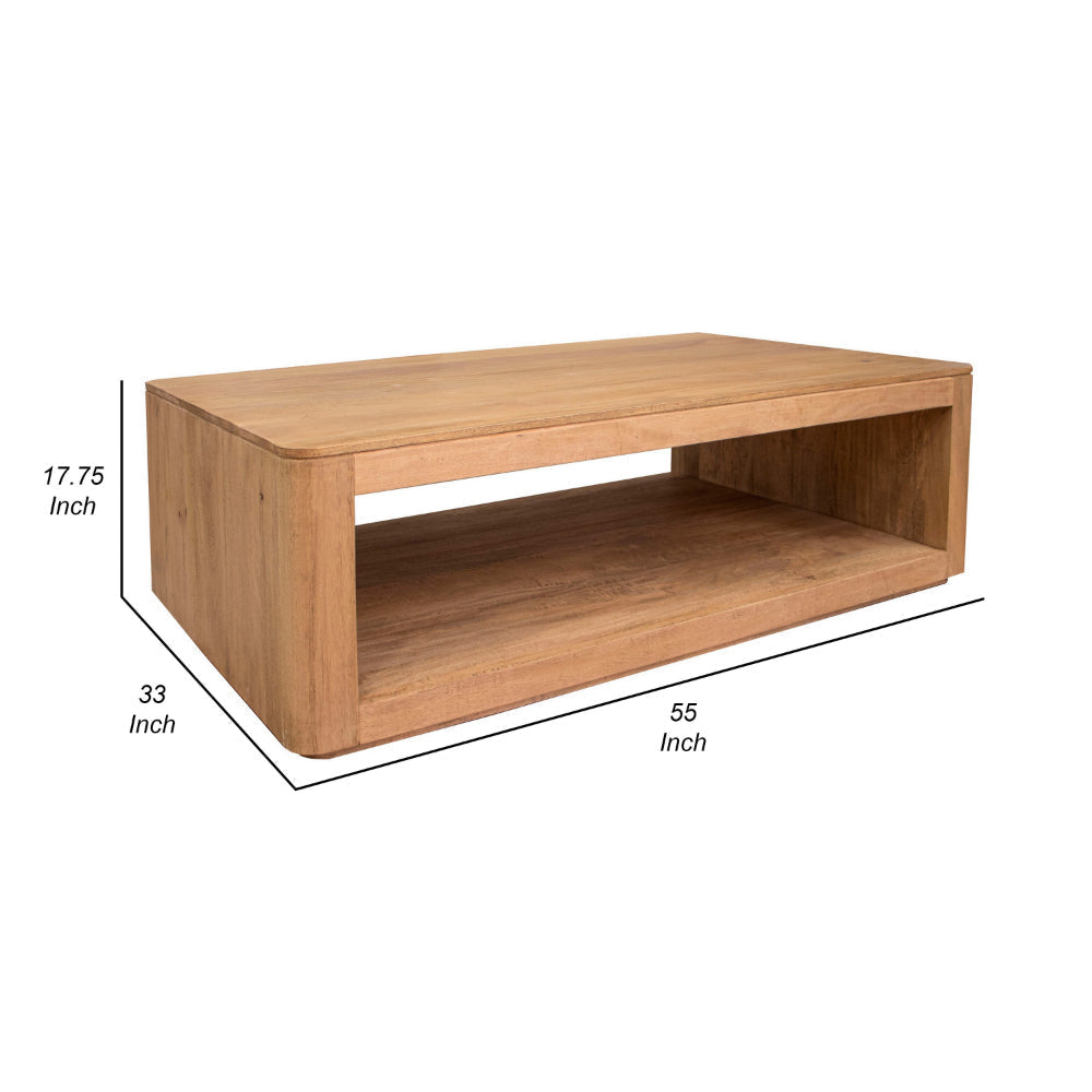 Gena Cocktail Coffee Table 55 Inch Top with Shelf Brown Solid Mango Wood By Casagear Home BM319751