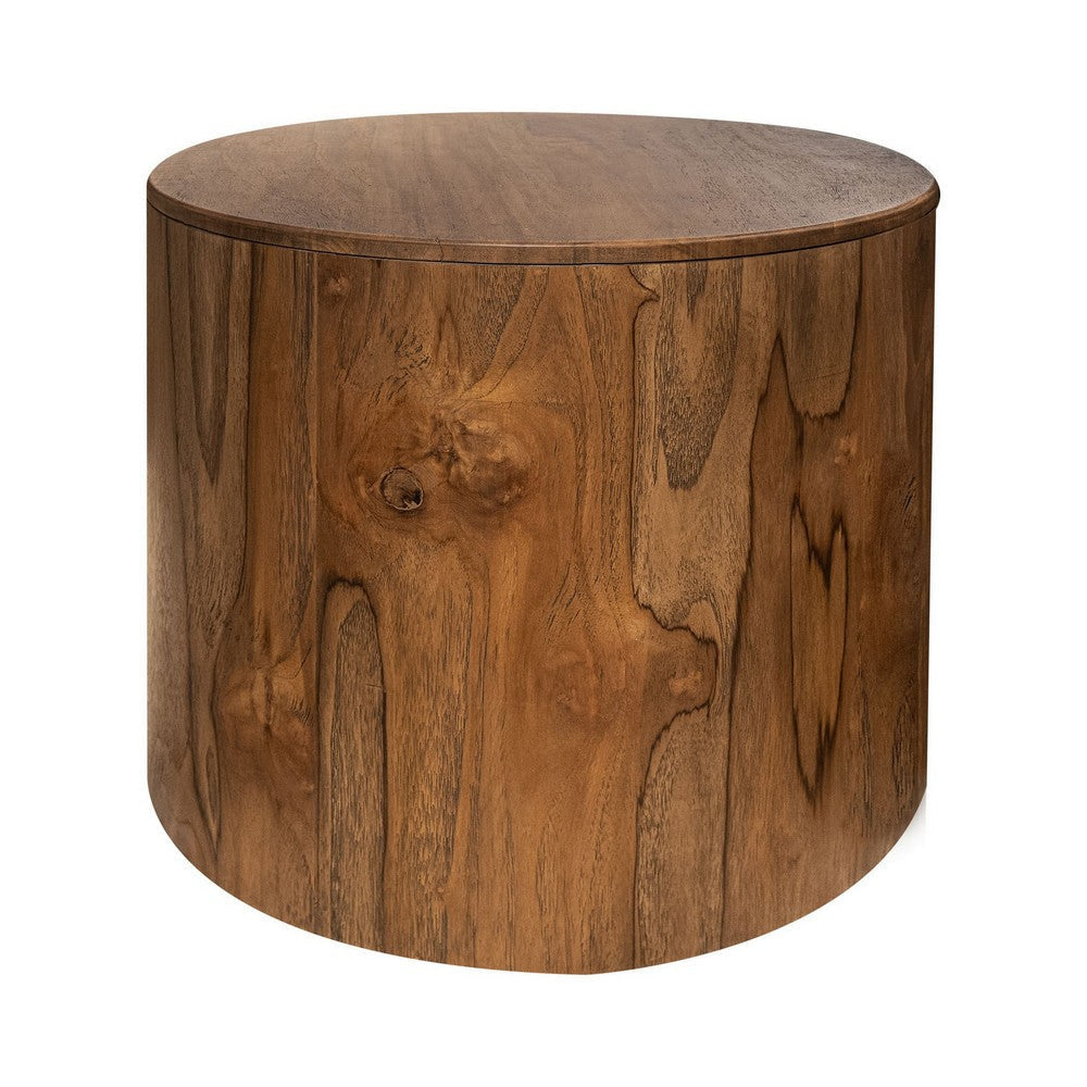 Eray Side End Table 26 Inch Round Drum Top Brown Solid Mango Wood By Casagear Home BM319754