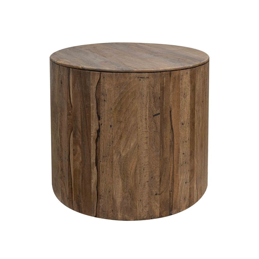 Eray Side End Table 26 Inch Round Drum Top Brown Solid Mango Wood By Casagear Home BM319754