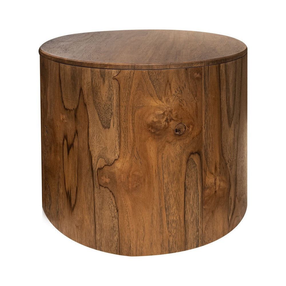 Eray Side End Table 26 Inch Round Drum Top Brown Solid Mango Wood By Casagear Home BM319754