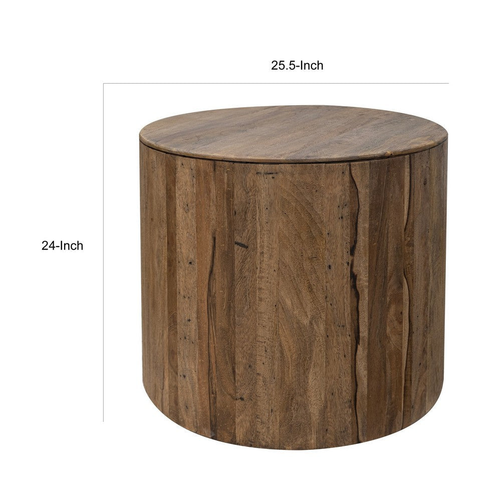 Eray Side End Table 26 Inch Round Drum Top Brown Solid Mango Wood By Casagear Home BM319754