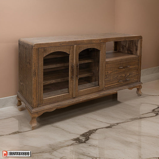 Lete 72 Inch Sideboard Console, 2 Glass Doors, Drawers, Brown Solid Wood By Casagear Home