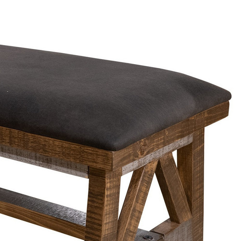 Pola Dining Bench Dark Gray Upholstered Seat Brown Solid Pine Wood By Casagear Home BM319760