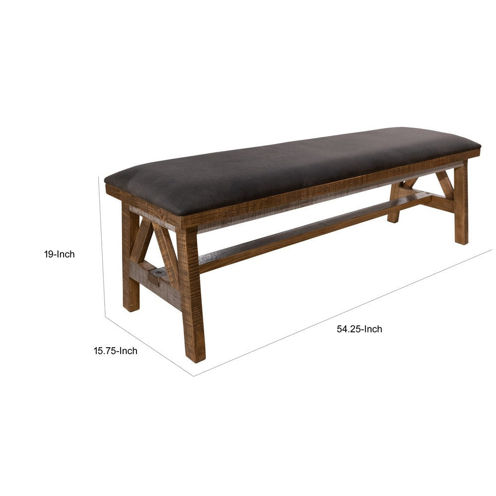 Pola Dining Bench Dark Gray Upholstered Seat Brown Solid Pine Wood By Casagear Home BM319760