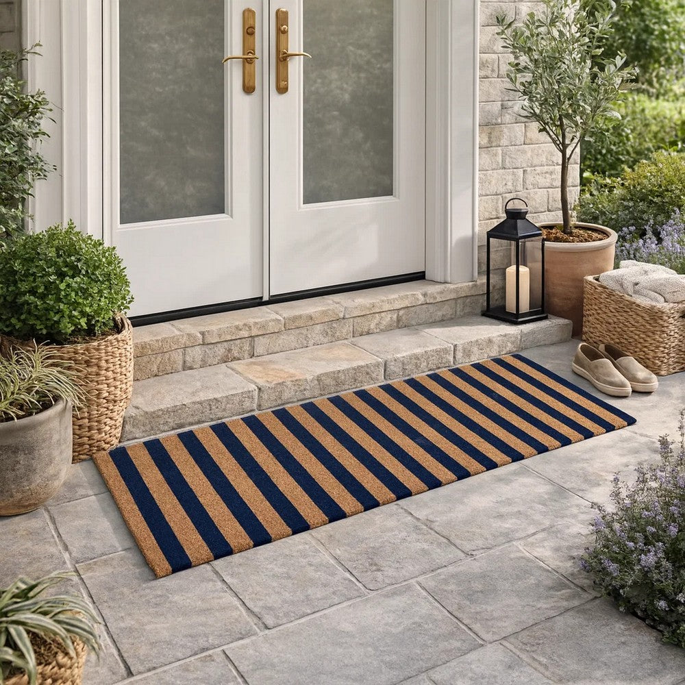 Gena 24 x 57 Doormat, Woven Striped Pattern, Blue Brown Coir, Non Slip Back By Casagear Home