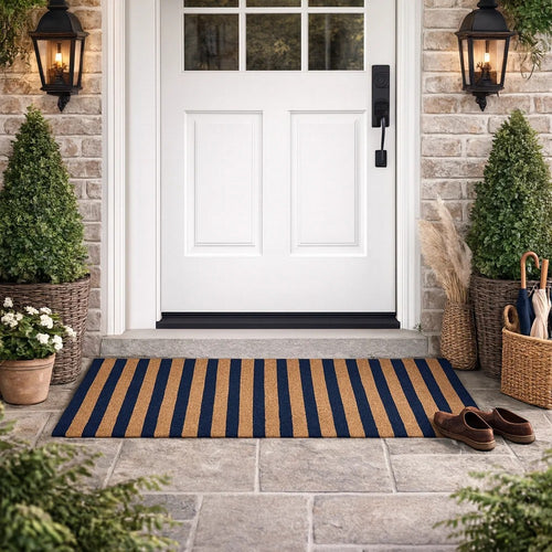 Gena 24 x 57 Doormat, Woven Striped Pattern, Blue Brown Coir, Non Slip Back By Casagear Home