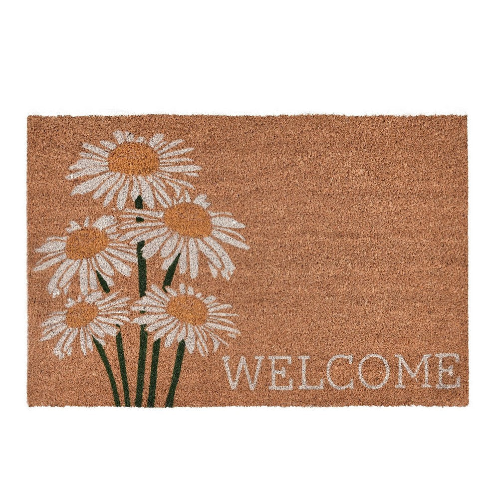 Dasy 24 x 36 Doormat, Woven Welcome Floral Print, Ivory Coir Nonslip Back By Casagear Home